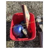 RED TOTE OF MISC BASEBALL HELMETS