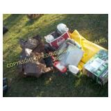 LOT OF MISC FOGGER, LAWN TIRES & WHEELS, BATTERIES