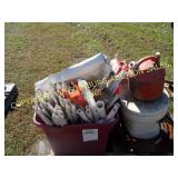 BIN OF PVC PIPE, GAS CANS, CAMPER TOILET