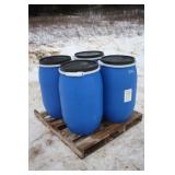 (4) 30 GALLON POLY BARRELS WITH REMOVABLE LIDS