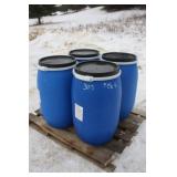 (4) 30 GALLON POLY BARRELS WITH REMOVABLE LIDS