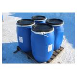 (4) 30 GALLON POLY BARRELS WITH REMOVABLE LIDS