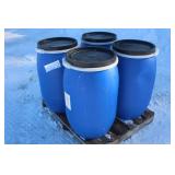 (4) 30 GALLON POLY BARRELS WITH REMOVABLE LIDS