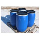 (4) 30 GALLON POLY BARRELS WITH REMOVABLE LIDS