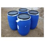 (4) 30 GALLON POLY BARRELS WITH REMOVABLE LIDS