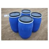 (4) 30 GALLON POLY BARRELS WITH REMOVABLE LIDS