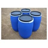 (4) 30 GALLON POLY BARRELS WITH REMOVABLE LIDS