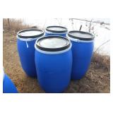 (4) 30 GALLON POLY BARRELS WITH REMOVABLE LIDS