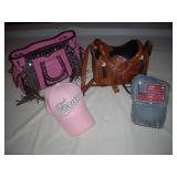 SADDLE PURSE, PINK FRINGE PURSE & (2) HATS