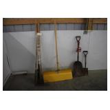POST HOLE DIGGER, (3) SHOVELS, FLOOR SCARPER
