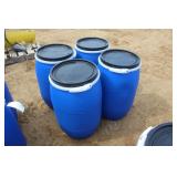 (4) 30 GALLON POLY BARRELS WITH REMOVABLE LIDS