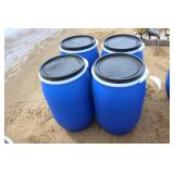 (4) 30 GALLON POLY BARRELS WITH REMOVABLE LIDS