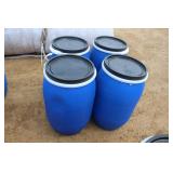 (4) 30 GALLON POLY BARRELS WITH REMOVABLE LIDS