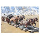 (4) CONCRETE DRAFT HORSES WITH WOODEN WAGON
