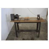 SEARS WOOD LATHE ON TABLE WITH CUTTING TOOLS