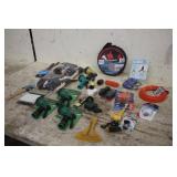 LOT OF GARDEN HOSE NOZZLES, PAINT BRUSHES, FOAM