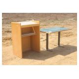 WOODEN TOP TABLE WITH CAST IRON LEGS AND WOODEN