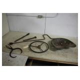 LOT OF VINTAGE ITEMS, TRACTOR STEERING WHEEL,