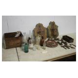 VINTAGE GLASS BOTTLES, (2) WALL HANGING LIGHTS,