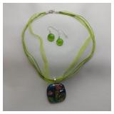 Dichroic Glass Necklace And Earrings Set, 16"