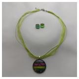 Dichroic Glass Necklace And Earrings Set, 16"