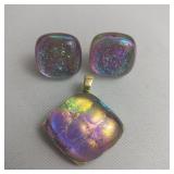 Iridescent Dichoric Glass Pendant And Matching