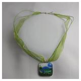 Green W/ Dragonflies Dichroic Glass Necklace, 18"