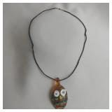 Owl Dichroic Glass Pendant On Braided Black Cord,