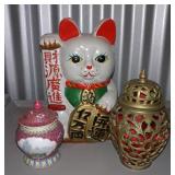Chinese Cat Coin Bank, Covered Vases