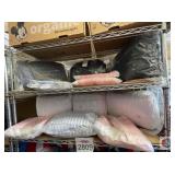 assorted comforters, pillows, curtains, throw