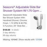 New 6 pcs; Seasonsï¿½ Adjustable Slide Bar Shower