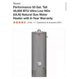 (1) Rheem Performance 55 Gal. Tall 45,000 BTU