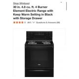 (1) Whirlpool 30 in. 4.8 cu. ft. 4 Burner Element