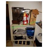 Metal shelf, fire extinguishers & contents in grp.