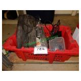 Tire chains, red plastic totes & contents