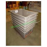 (8) Grey plastic tubs in group w/ floor dolly
