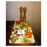 Wood salt & pepper mills & floral place mats