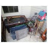 Plastic tote, plant stand, bird house & other