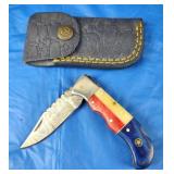 Damascus TX Lockback Folding Knife w/Belt Case New