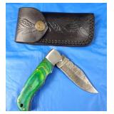 Damascus Lockback Folding Knife w/Belt Case, New