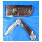 Damascus Lockback Folding Knife w/Belt Case, New