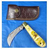 Damascus Folding Knife w/Belt Case, New