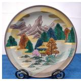 Oriental Hand Painted Plate w/ Stand - signed