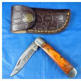 Damascus Folding Knife w/Belt Case, New