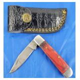 Damascus Folding Knife w/Belt Case, New