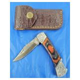 Damascus Lockback Folding Knife w/Belt Case, New