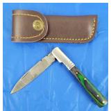 Damascus Folding Knife w/Belt Case, New