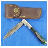 Damascus Folding Knife w/Belt Case, New