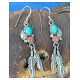 Navajo Feathers w/Turquoise Earrings, signed R B