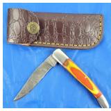 Damascus Folding Knife w/Belt Case, New